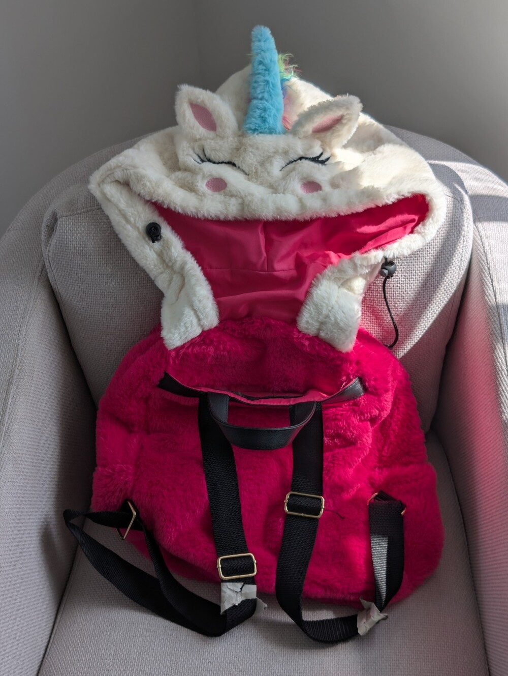 Pink Fuzzy Unicorn Hoodie Kids Backpack